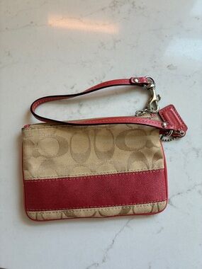 Coach Tan Signature Canvas Wristlet with Red Trim